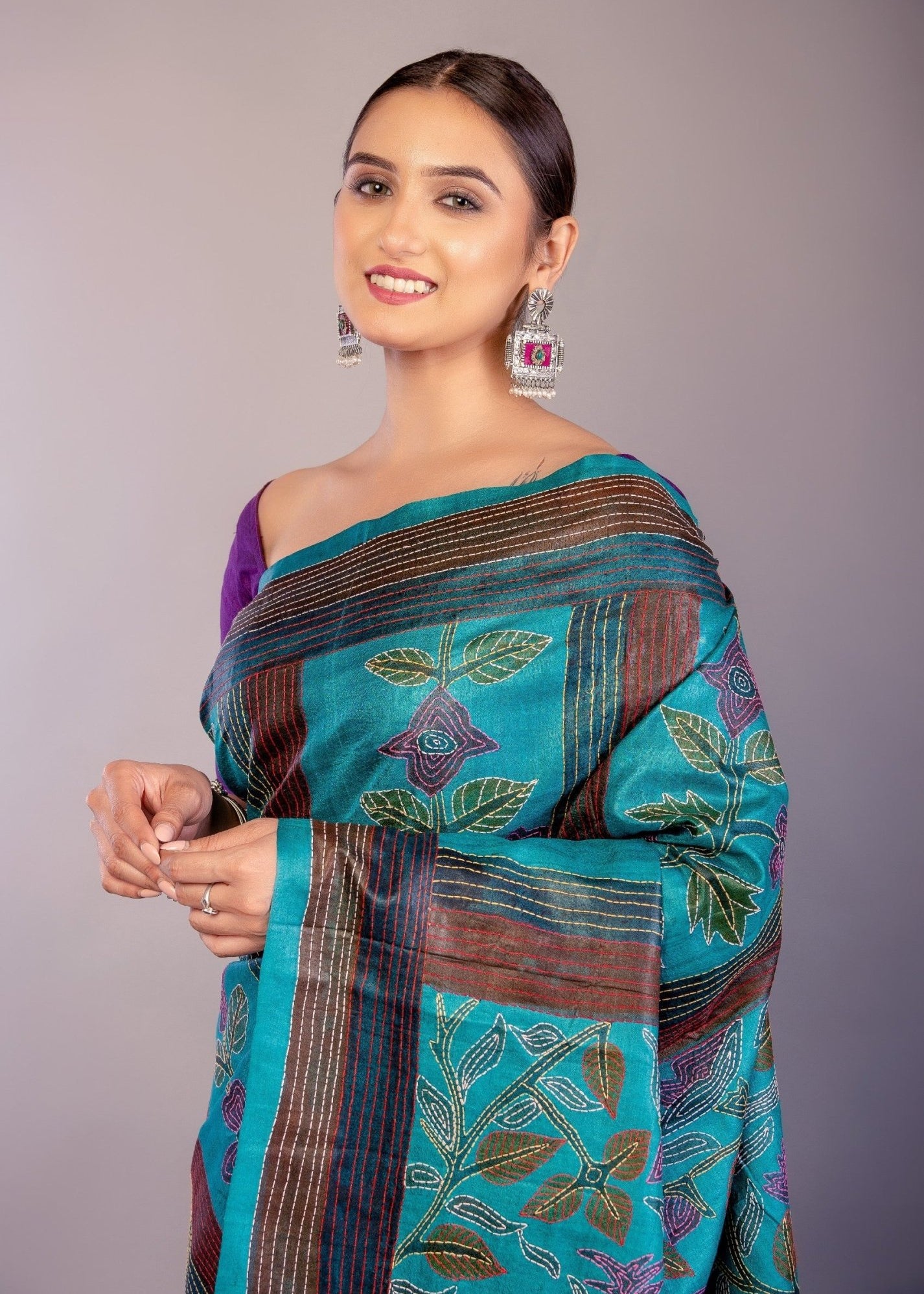 Teal Blue Silk Kantha Stitch Saree Floral Embroidery Work - Anvi Couture