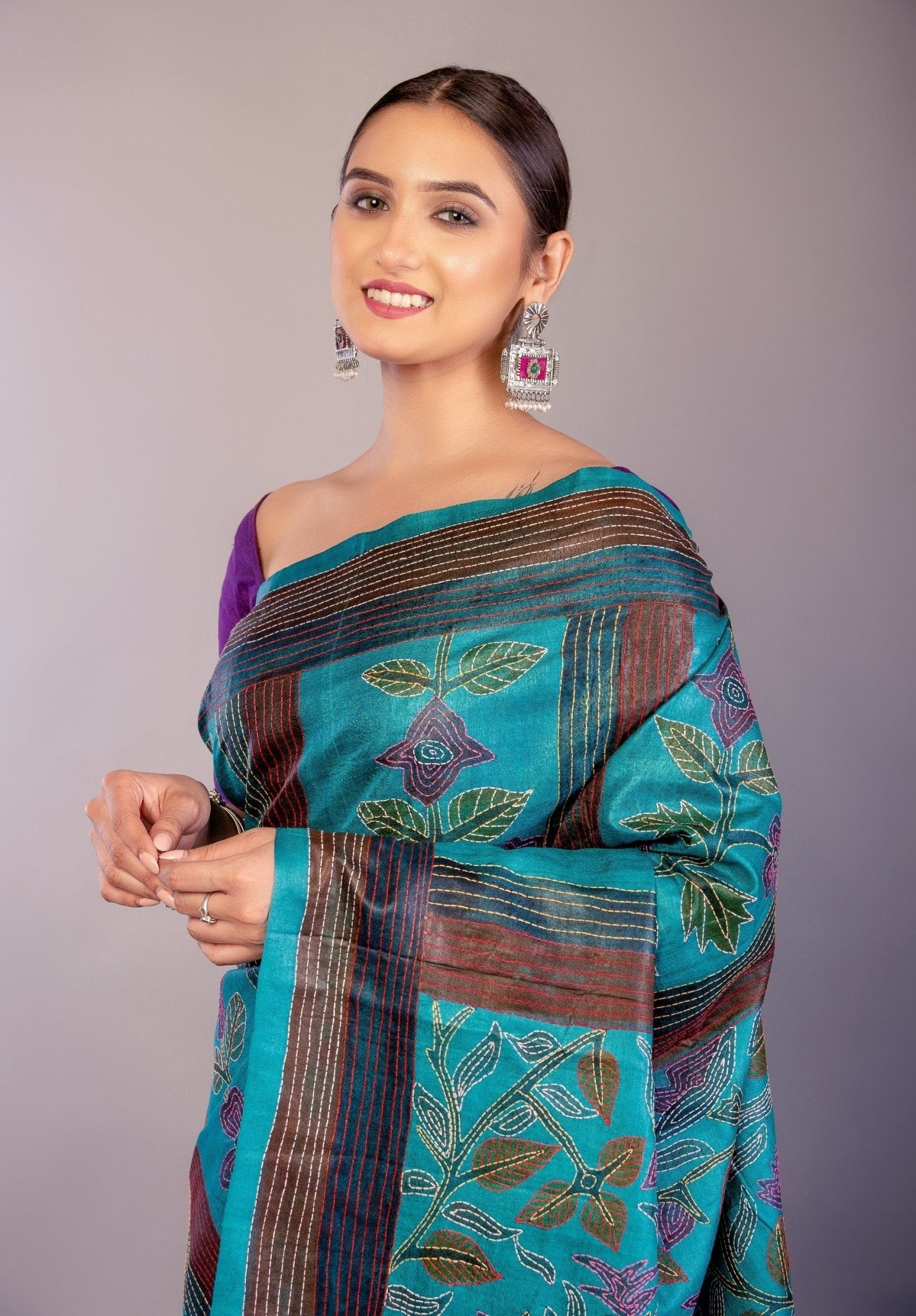 Teal Blue Silk Kantha Stitch Saree Floral Embroidery Work - Anvi Couture