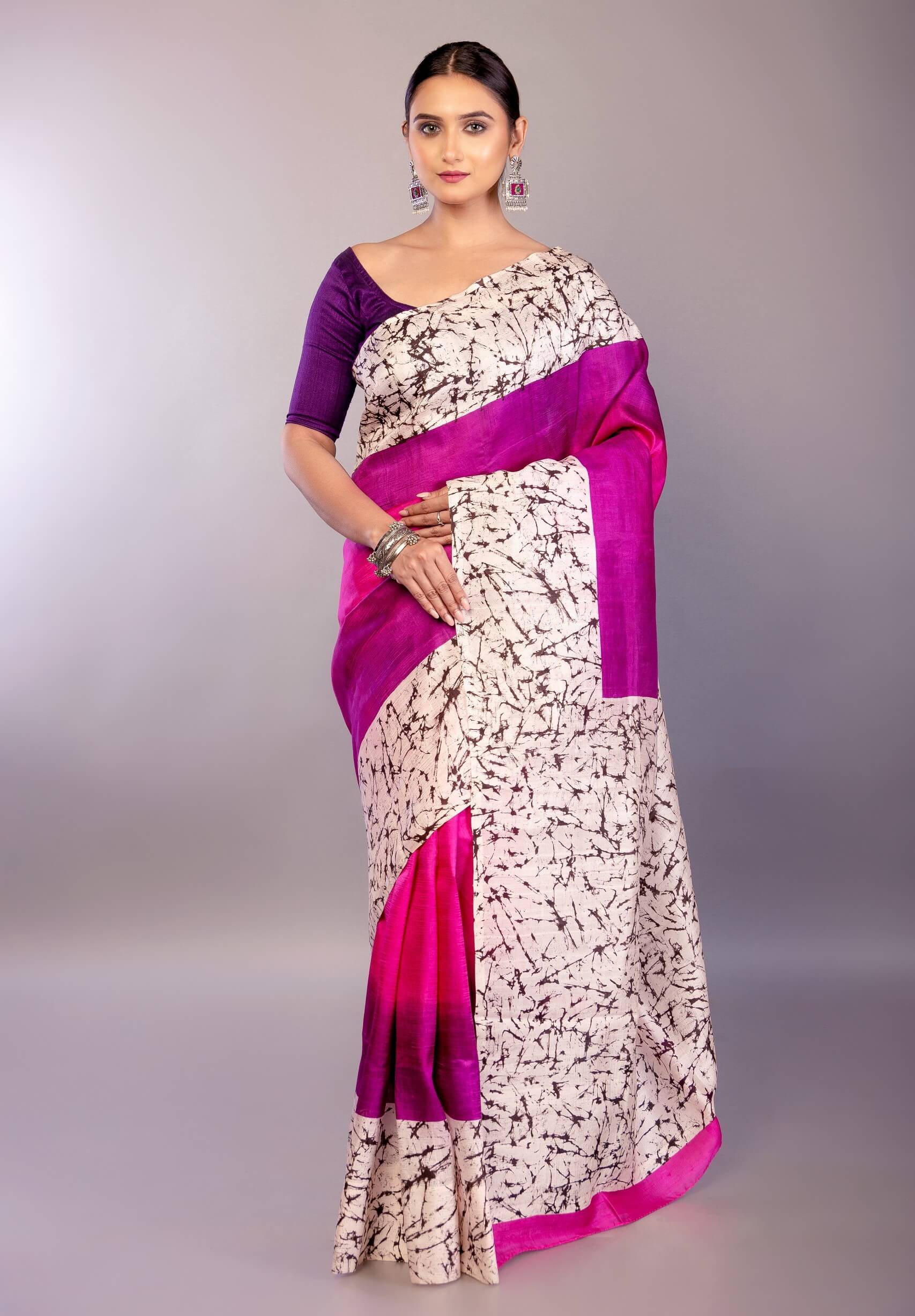 Pink and Purple Ombre Silk Saree with Contrasting White Batik Print Border - Anvi Couture