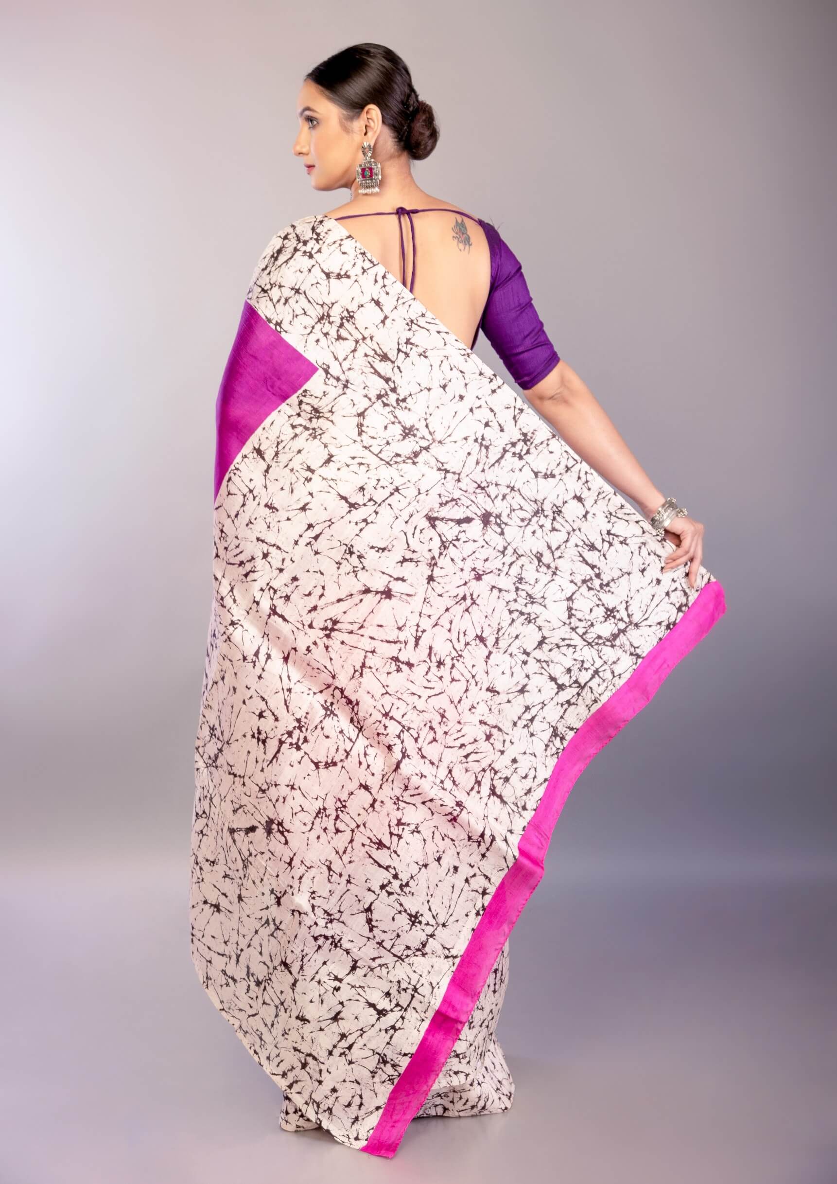 Pink and Purple Ombre Silk Saree with Contrasting White Batik Print Border - Anvi Couture