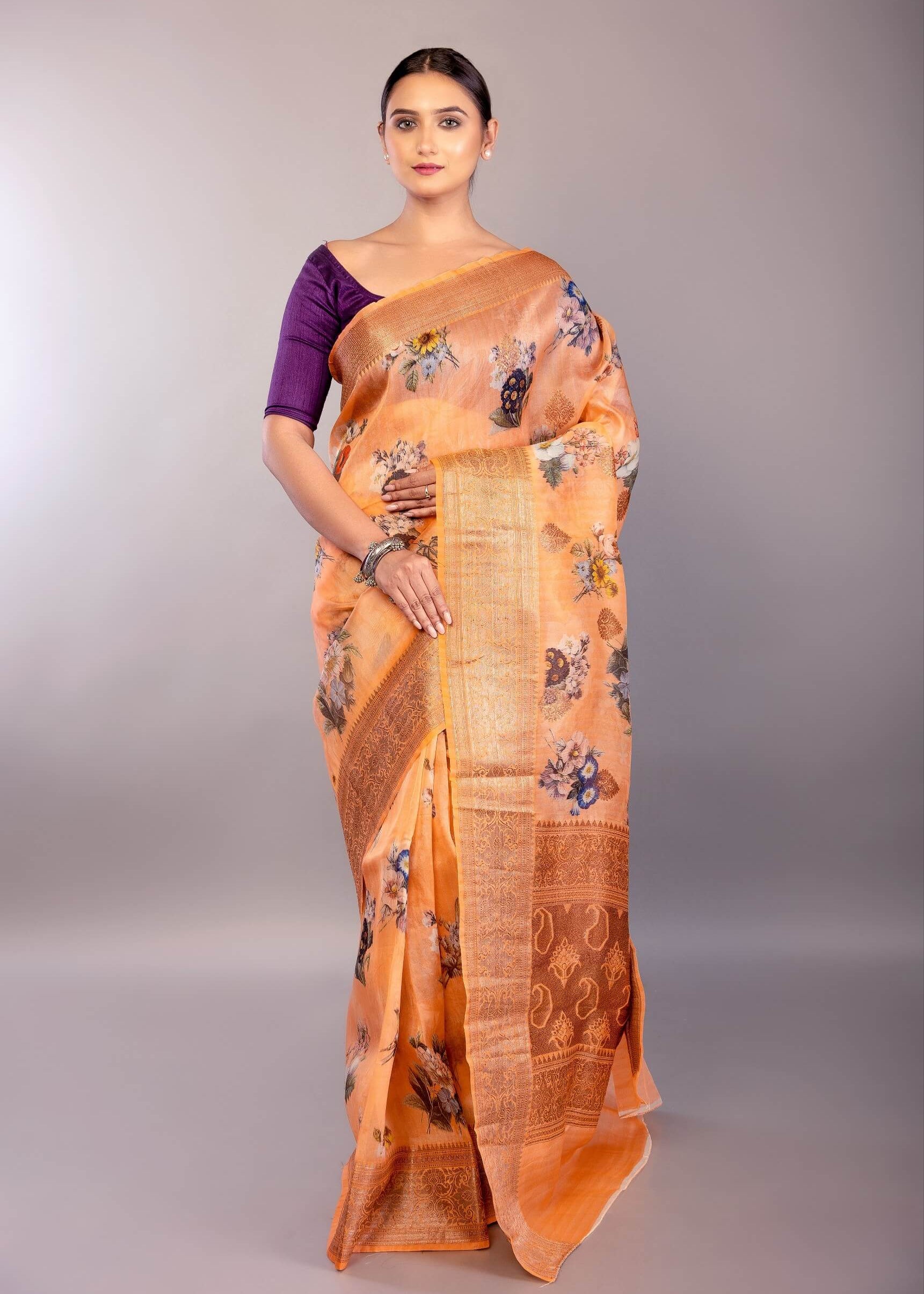 Coral Orange Organza Silk Saree with Floral Prints and Woven Zari Border - Anvi Couture