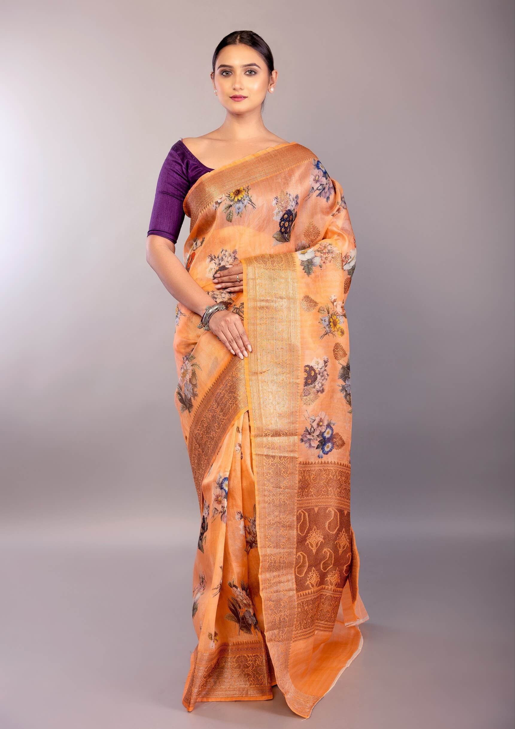 Coral Orange Organza Silk Saree with Floral Prints and Woven Zari Border - Anvi Couture