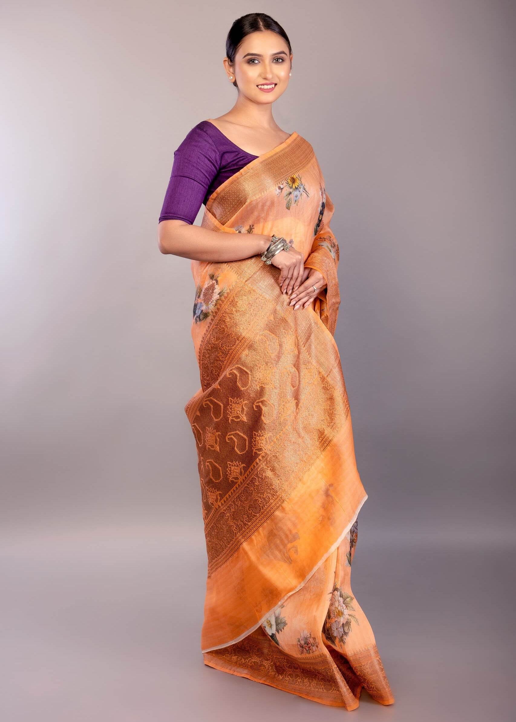Coral Orange Organza Silk Saree with Floral Prints and Woven Zari Border - Anvi Couture