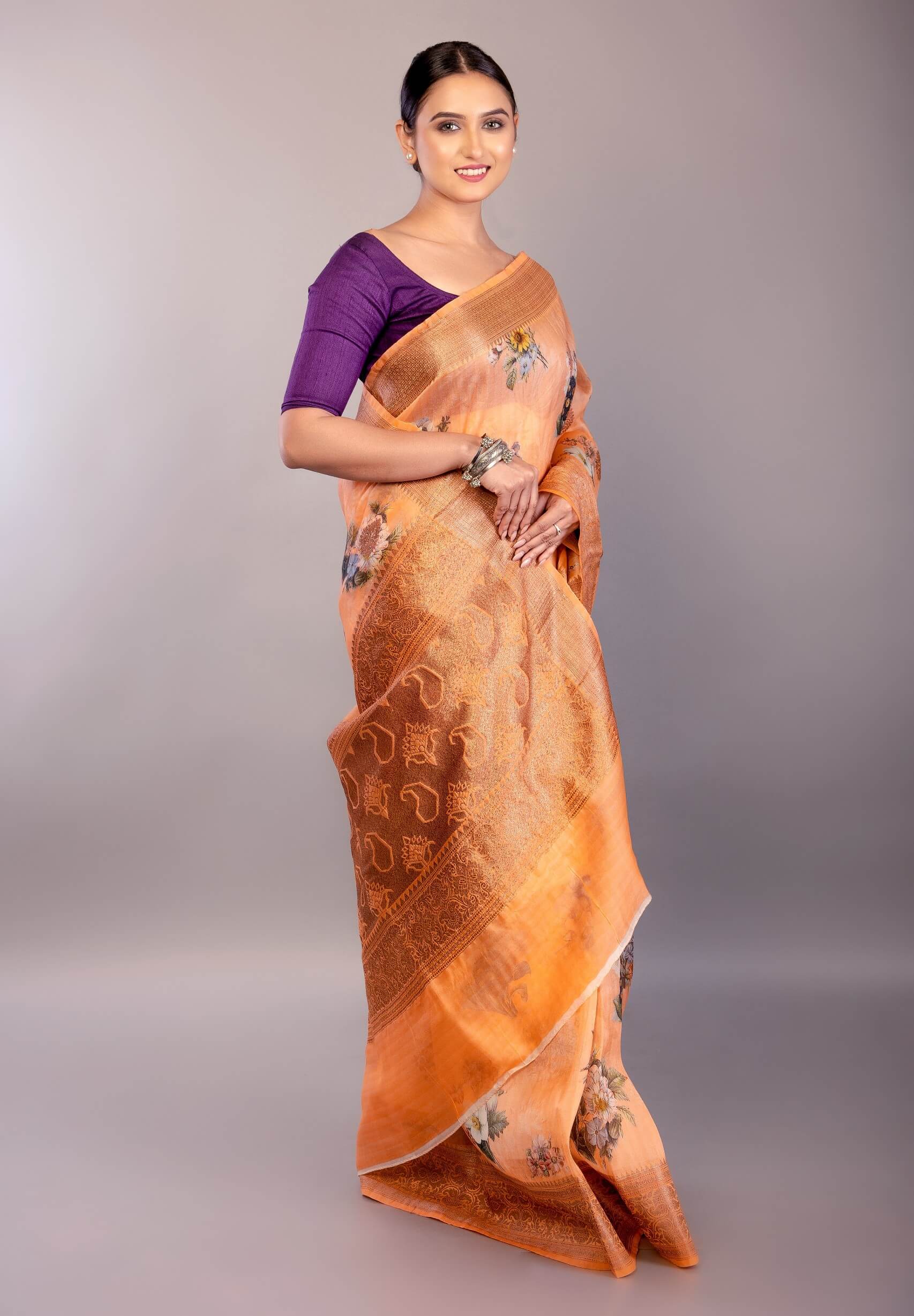 Coral Orange Organza Silk Saree with Floral Prints and Woven Zari Border - Anvi Couture