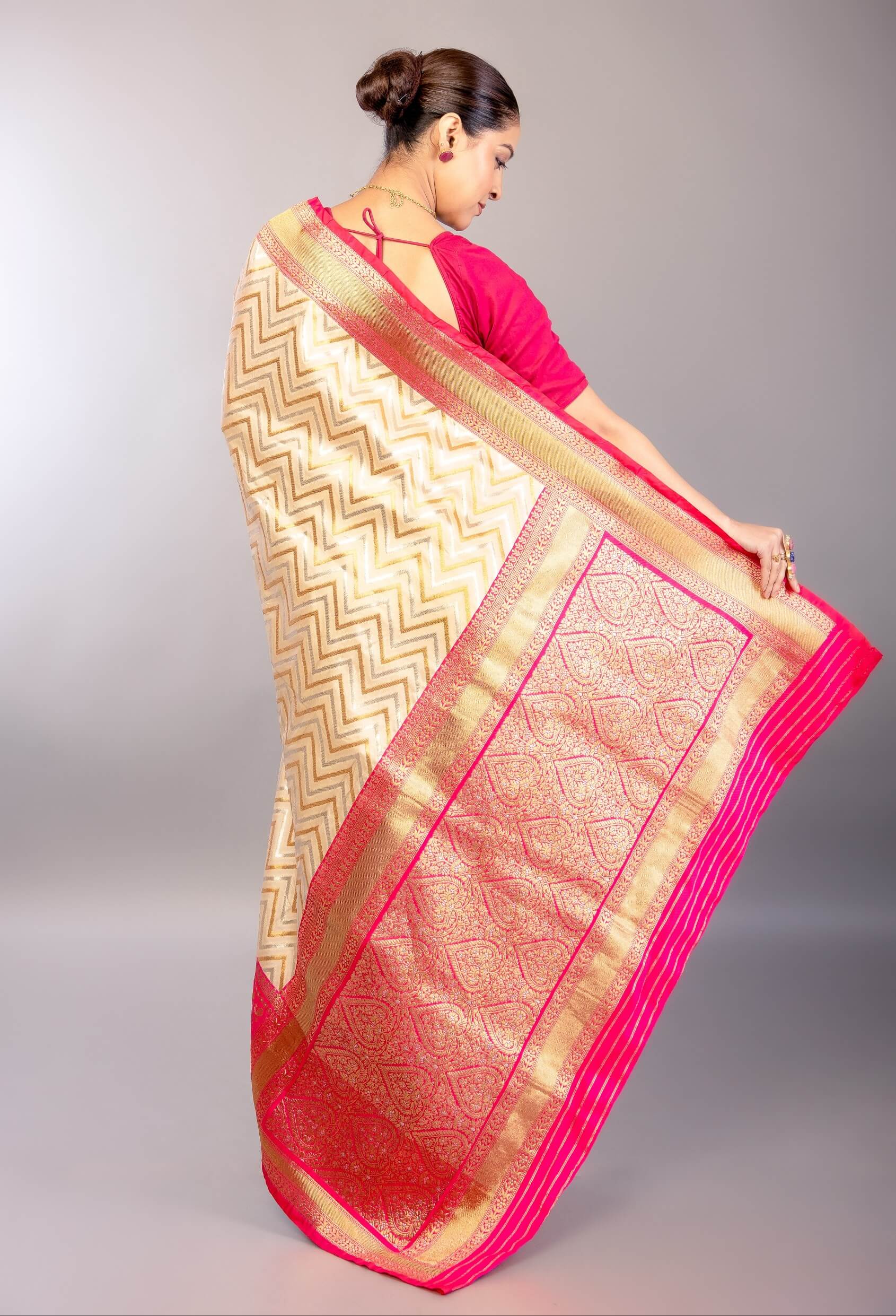 Off - White Katan Silk Saree with Geometric Patterns and Contrasting Pink Border - Anvi Couture