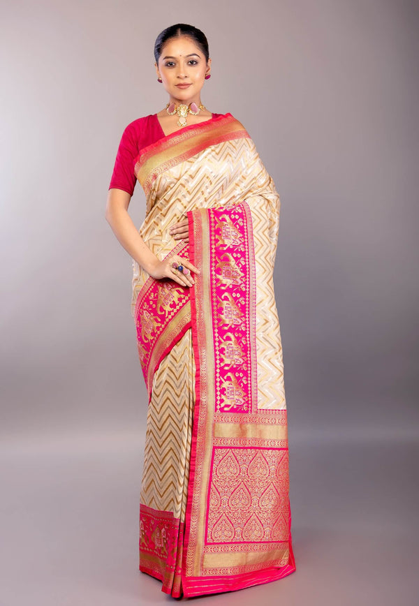 Off-White Katan Silk Saree with Geometric Patterns and Contrasting Pink Border — front model view