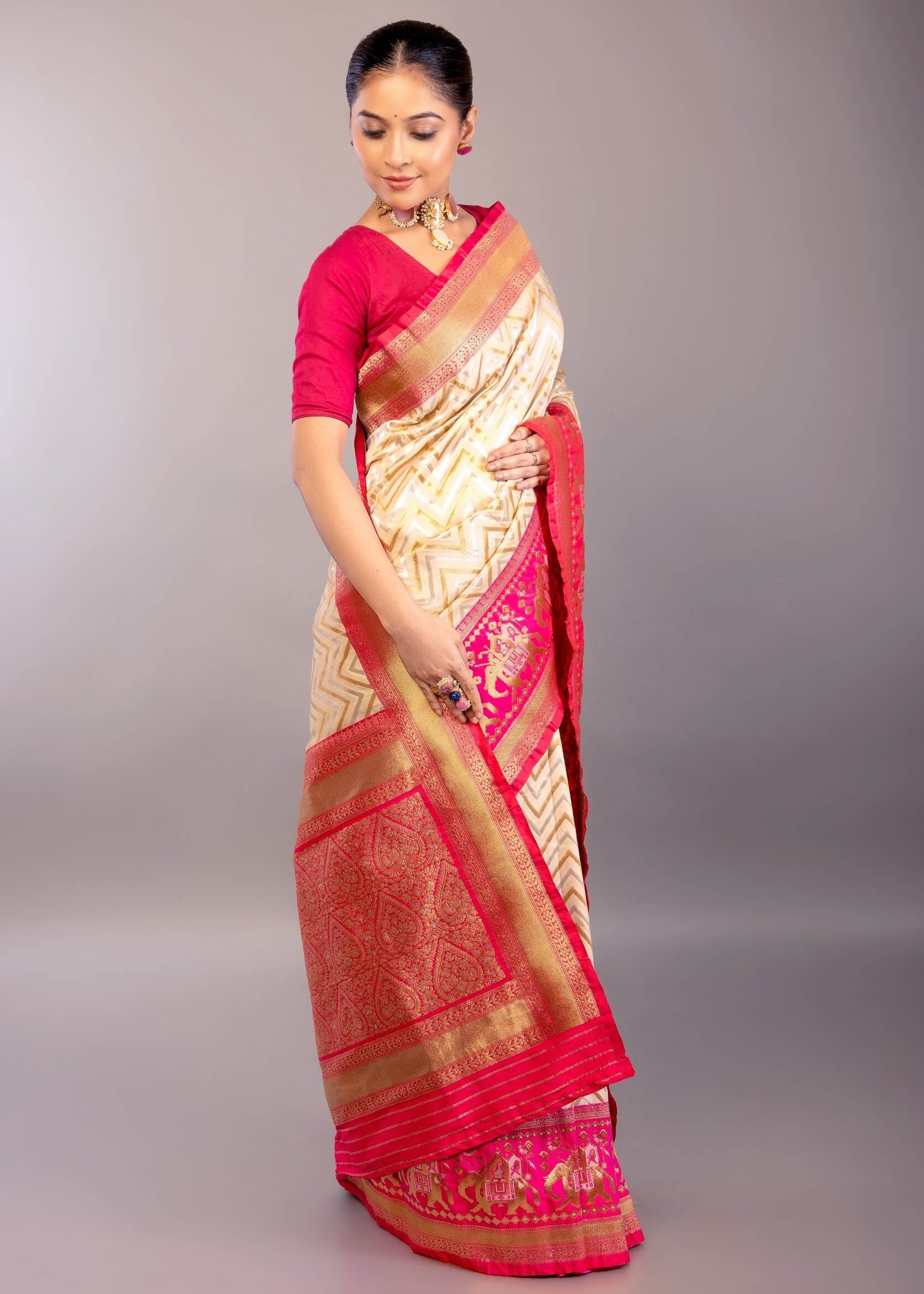 Off - White Katan Silk Saree with Geometric Patterns and Contrasting Pink Border - Anvi Couture