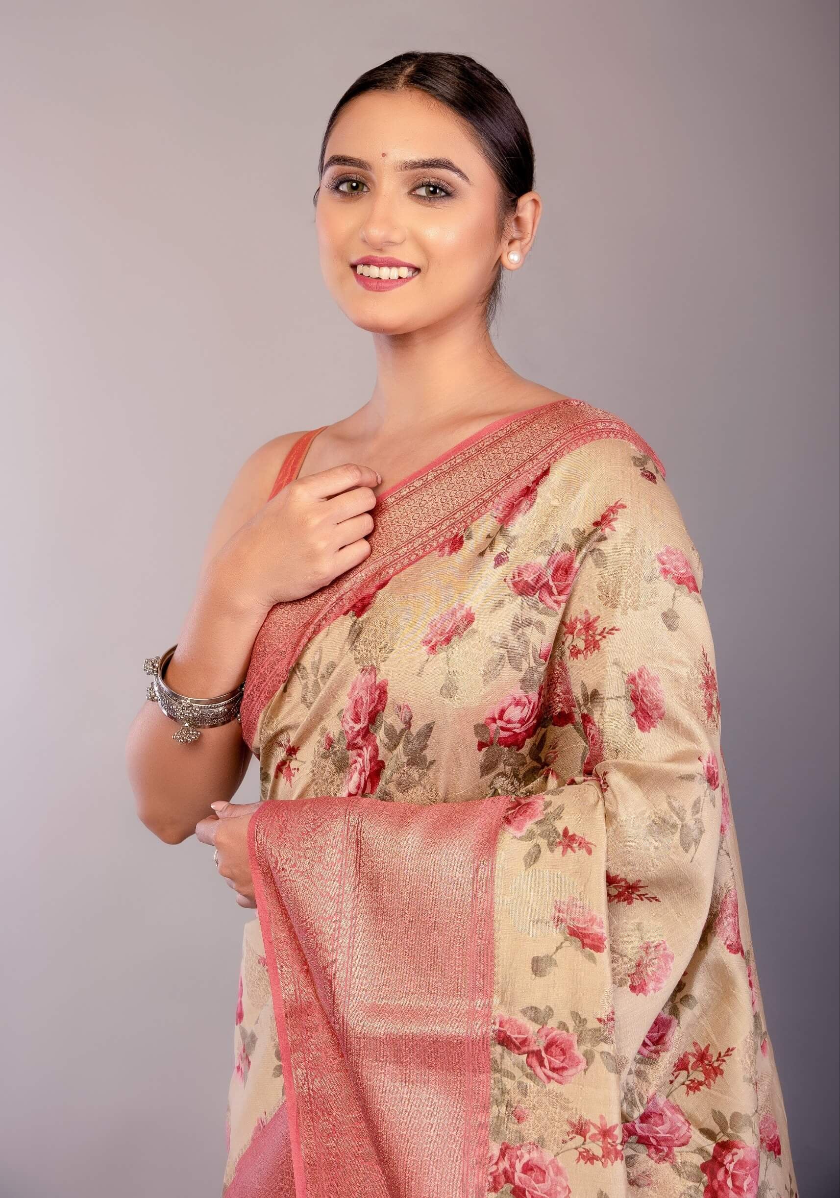 Cream White Silk Saree with Floral Prints and Contrasting Pink Zari Border - Anvi Couture