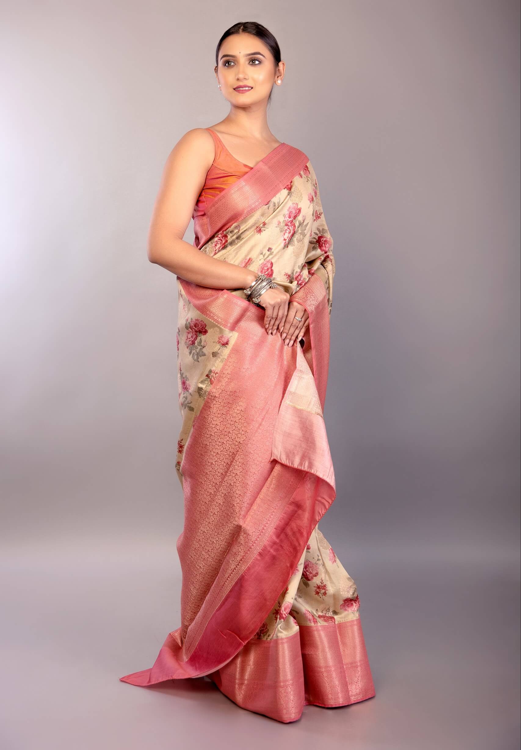 Cream White Silk Saree with Floral Prints and Contrasting Pink Zari Border - Anvi Couture