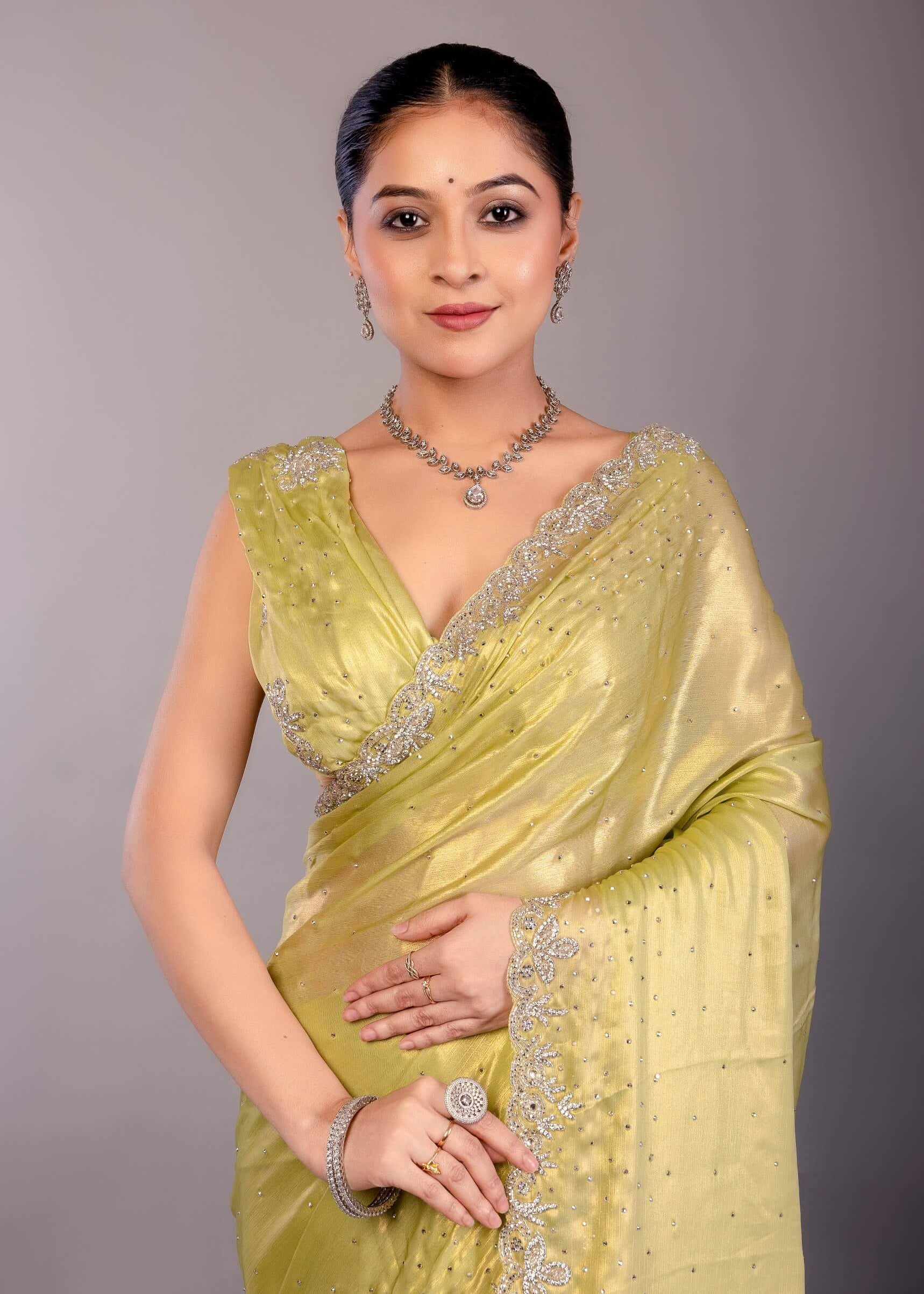 Lemon Yellow Jimmy Choo Saree with Stone Embellishment - Anvi Couture