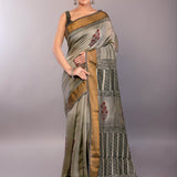 Gray Block Print Silk Saree with Matt Gold Zari Border - Anvi Couture