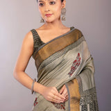 Gray Block Print Silk Saree with Matt Gold Zari Border - Anvi Couture
