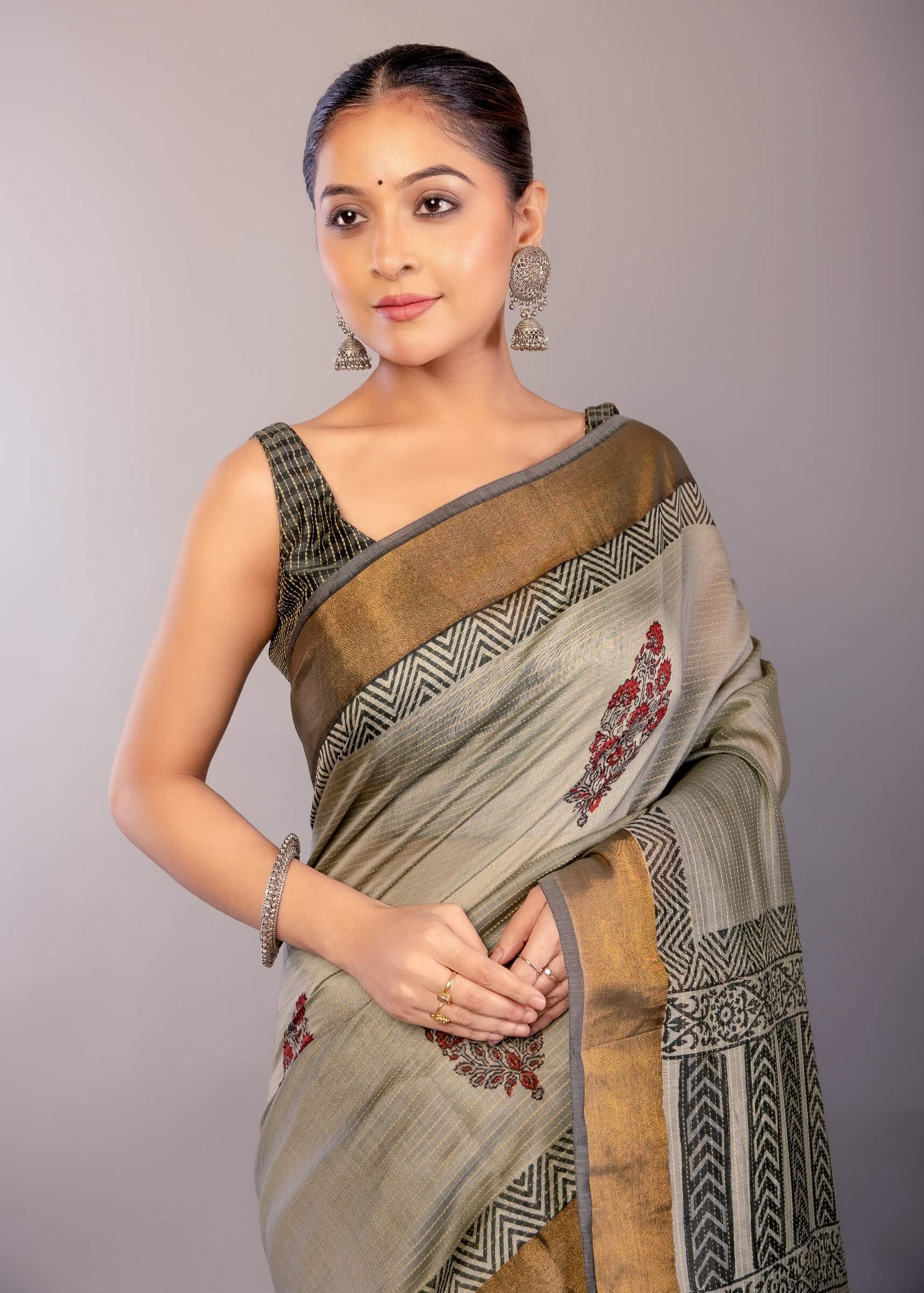 Gray Block Print Silk Saree with Matt Gold Zari Border - Anvi Couture