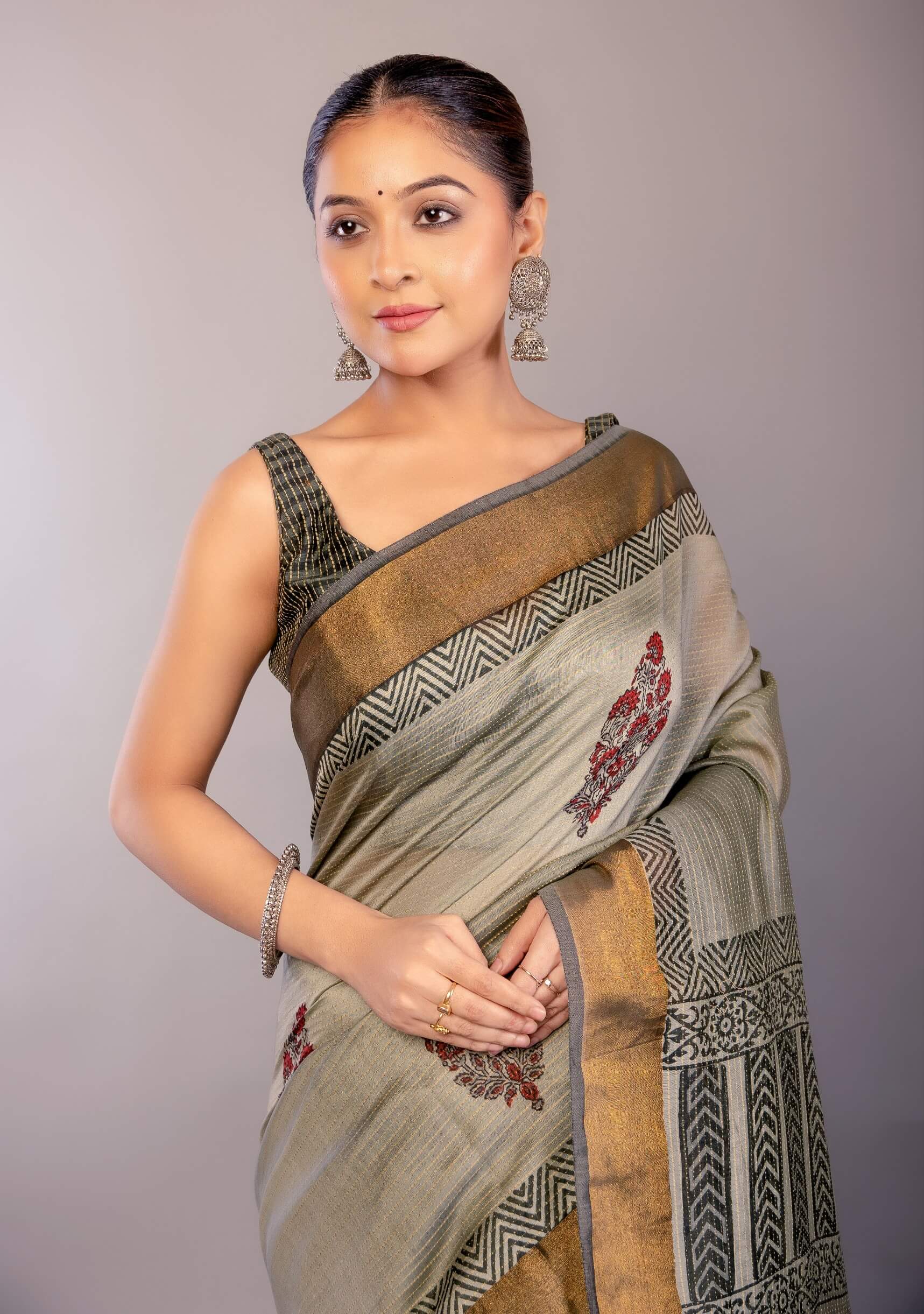 Gray Block Print Silk Saree with Matt Gold Zari Border - Anvi Couture