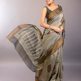 Gray Block Print Silk Saree with Matt Gold Zari Border - Anvi Couture