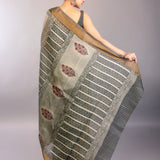 Gray Block Print Silk Saree with Matt Gold Zari Border - Anvi Couture