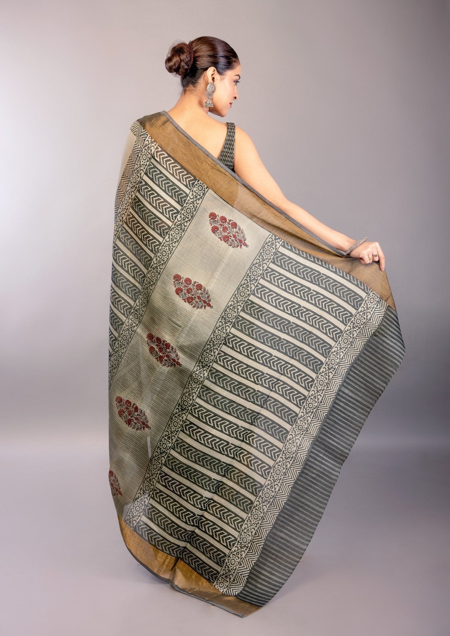 Gray Block Print Silk Saree with Matt Gold Zari Border - Anvi Couture