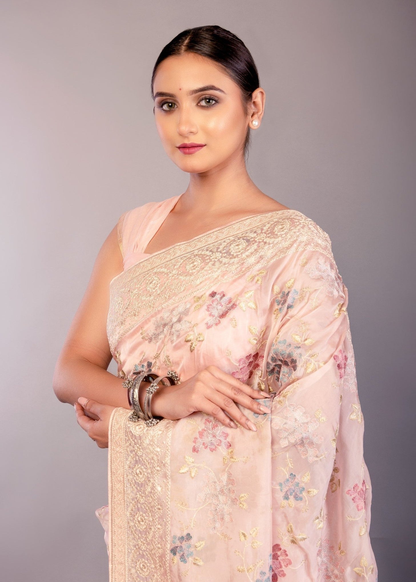Baby Pink Organza Saree with Multicolor Floral Embroidery Work - Anvi Couture