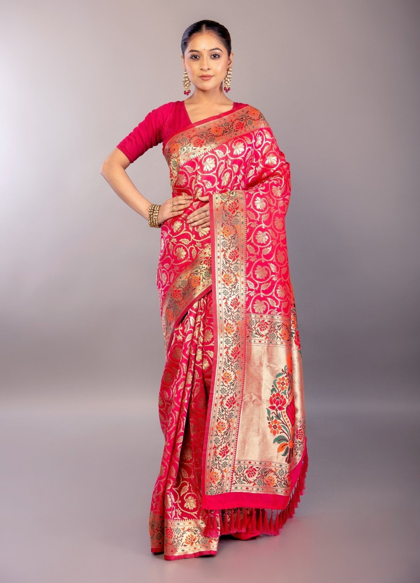 Dark Pink Paithani Silk Saree with Multicolored Floral Jaal Work - Anvi Couture