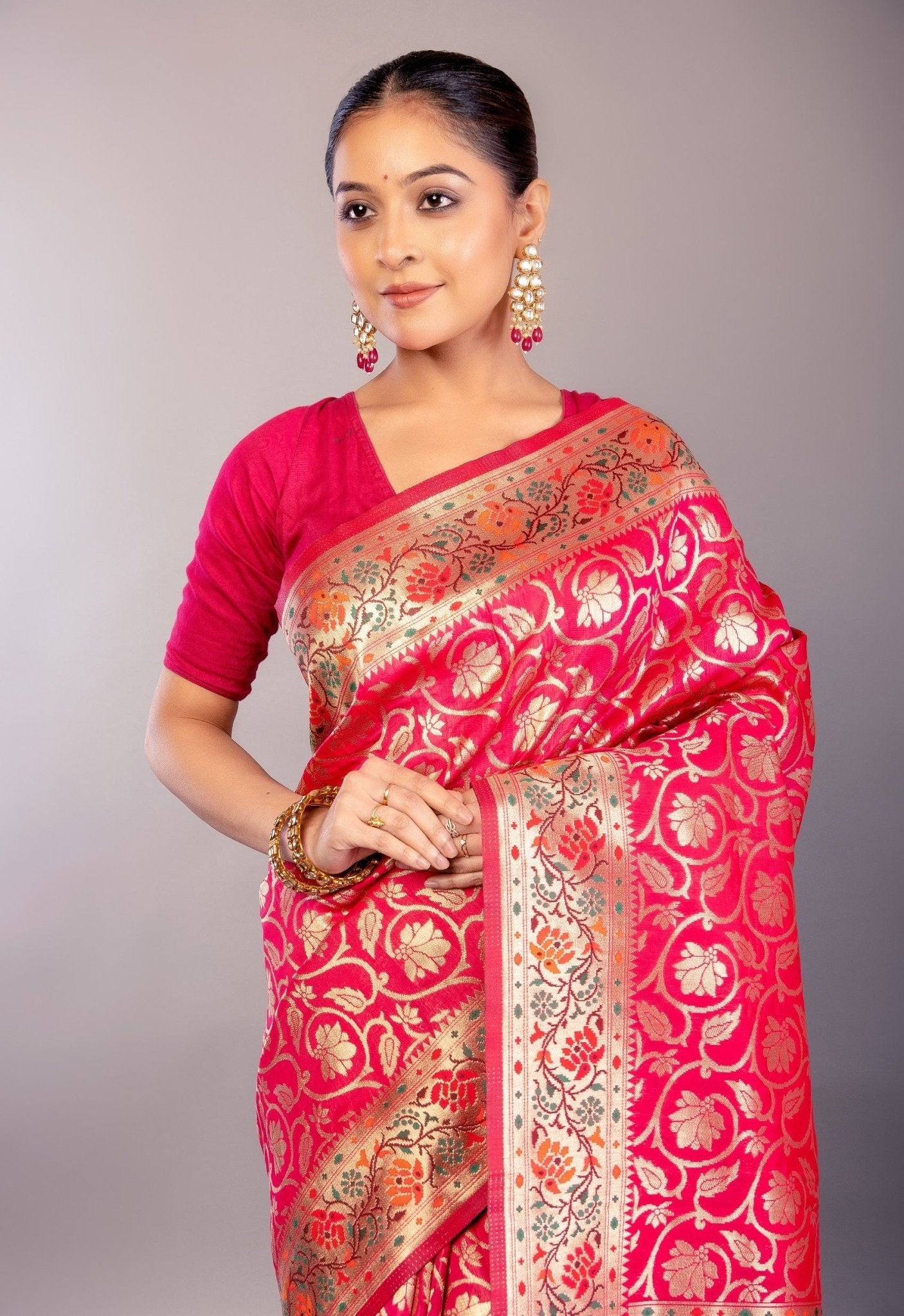 Dark Pink Paithani Silk Saree with Multicolored Floral Jaal Work - Anvi Couture