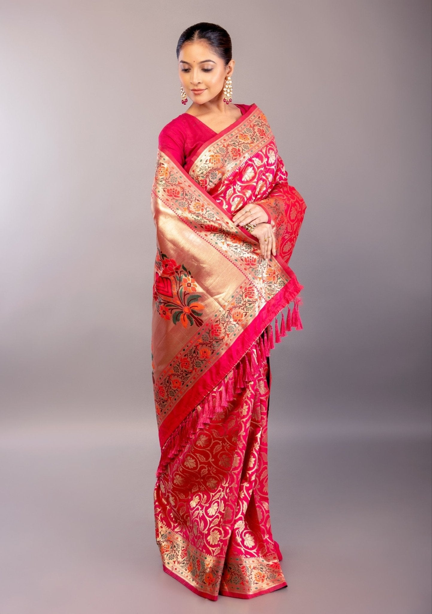 Dark Pink Paithani Silk Saree with Multicolored Floral Jaal Work - Anvi Couture