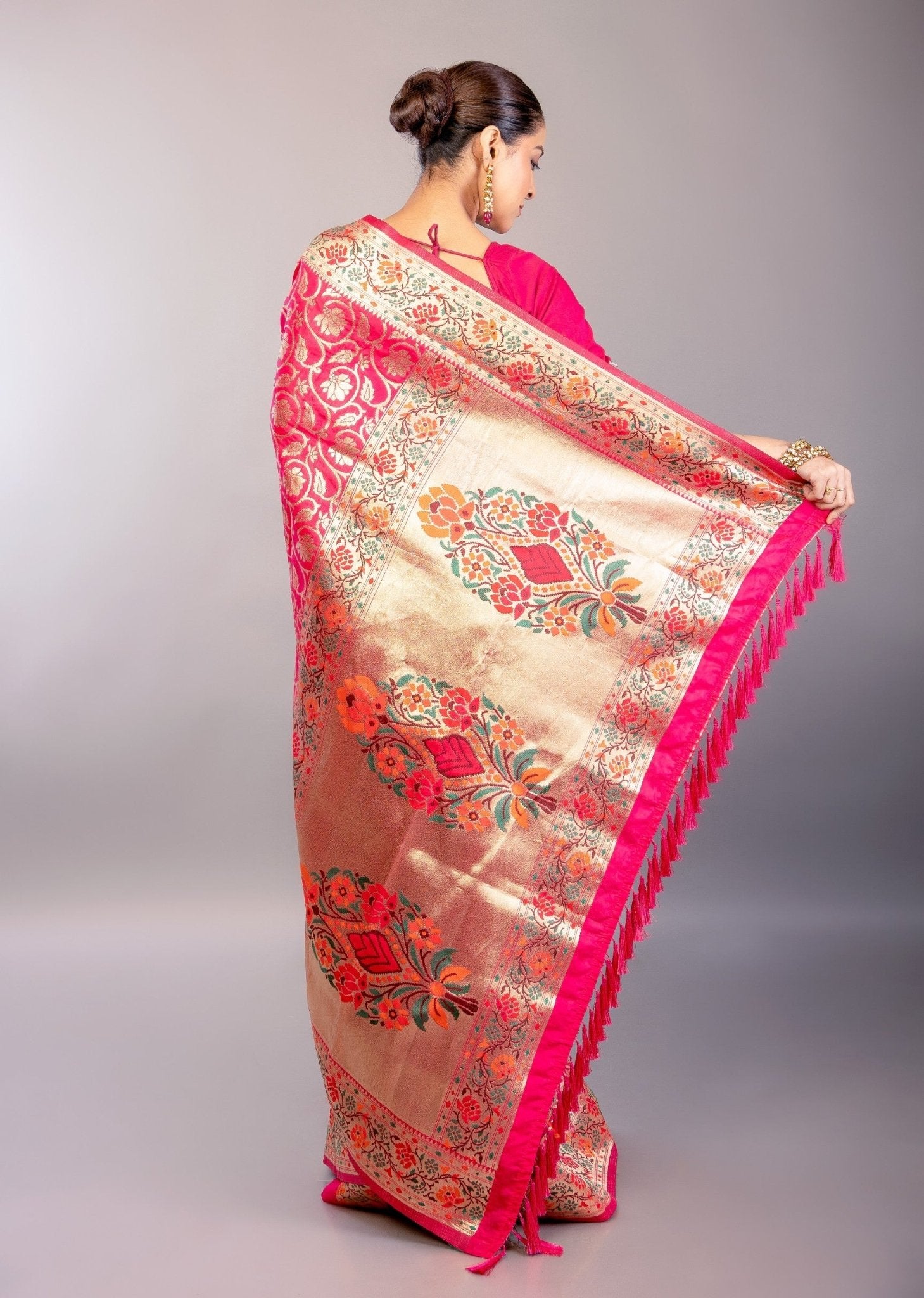Dark Pink Paithani Silk Saree with Multicolored Floral Jaal Work - Anvi Couture