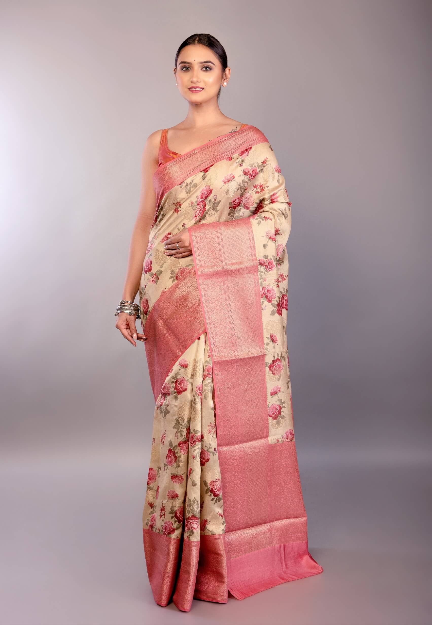 Cream White Silk Saree with Floral Prints and Contrasting Pink Zari Border - Anvi Couture