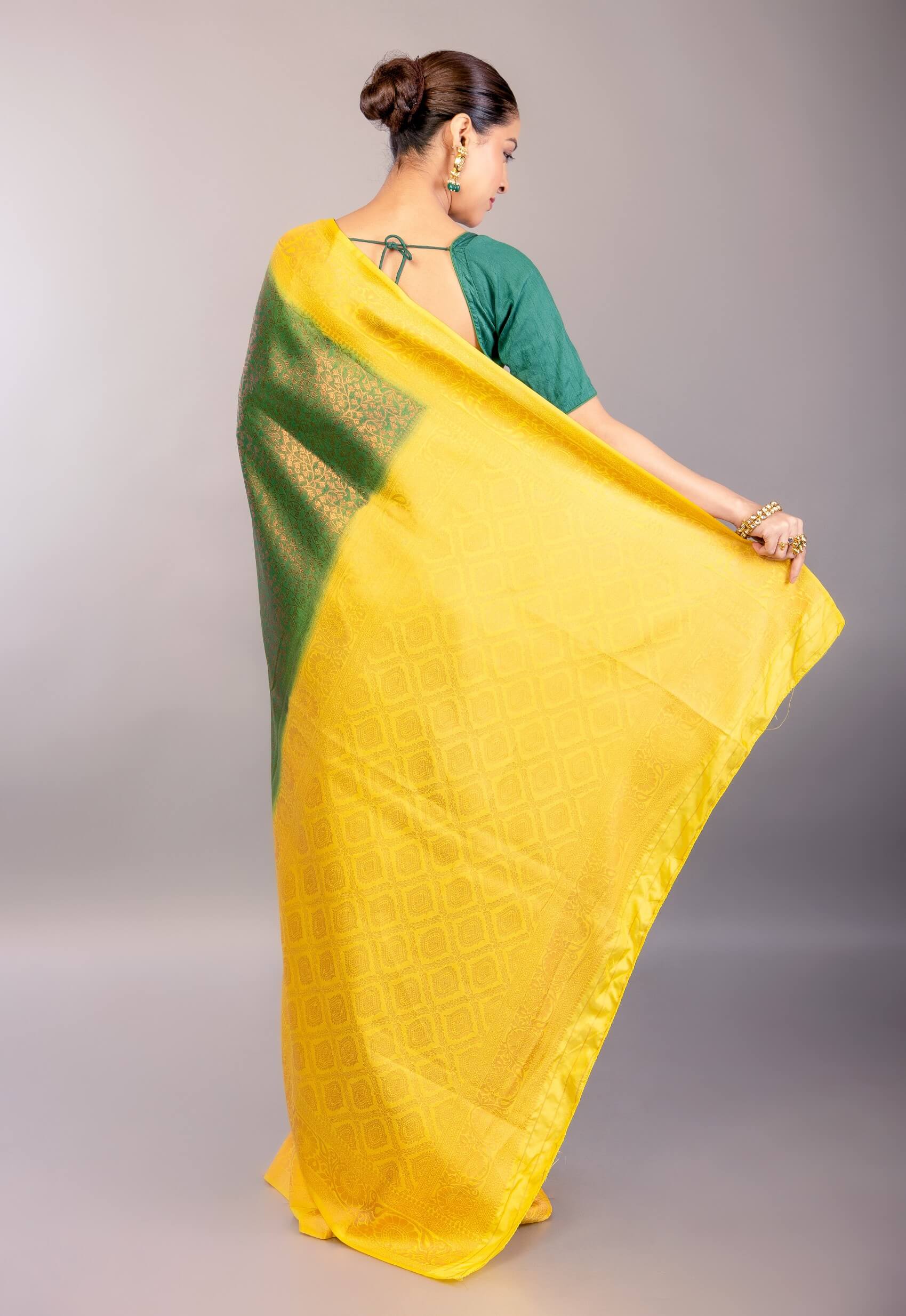 Dark Green South Indian Silk Saree with Contrasting Yellow Border and Pallu - Anvi Couture