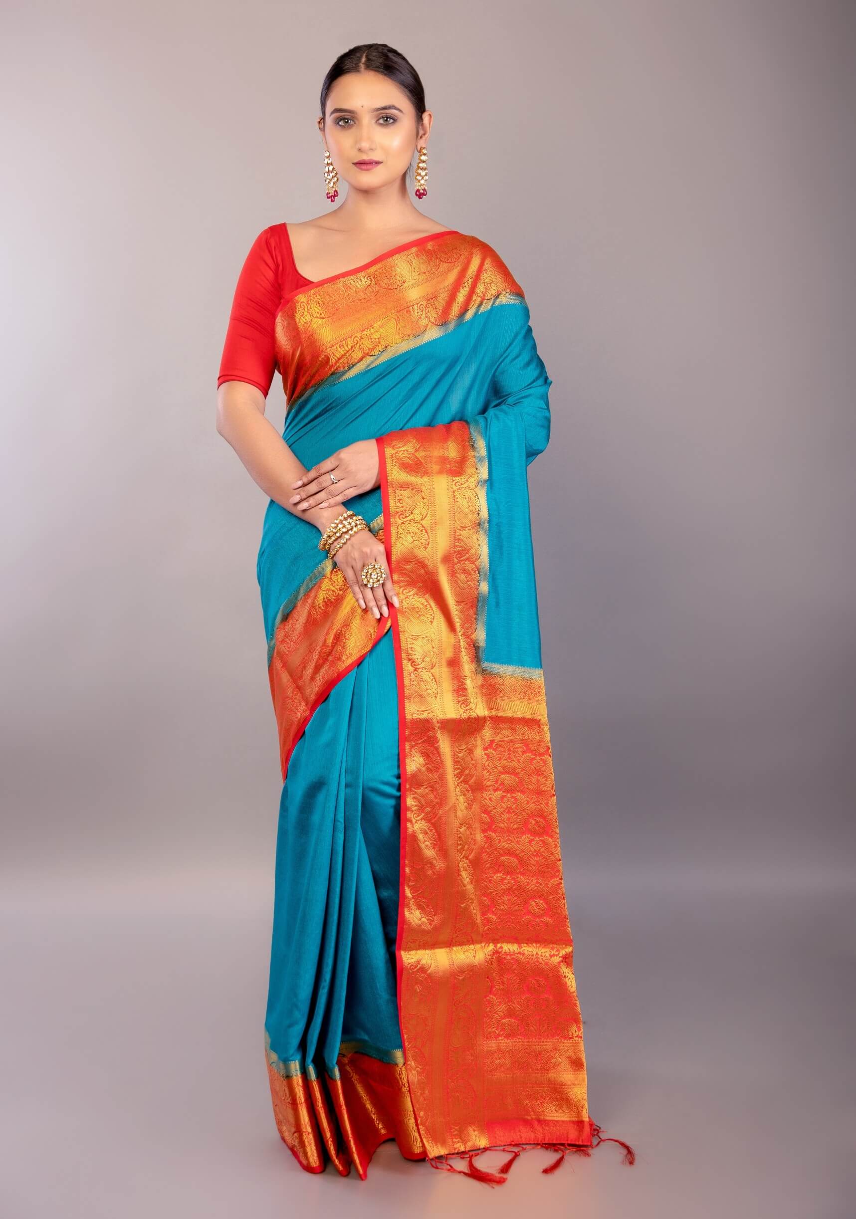 Bright Blue South Indian Silk Saree with Contrasting Orange Border and Pallu - Anvi Couture