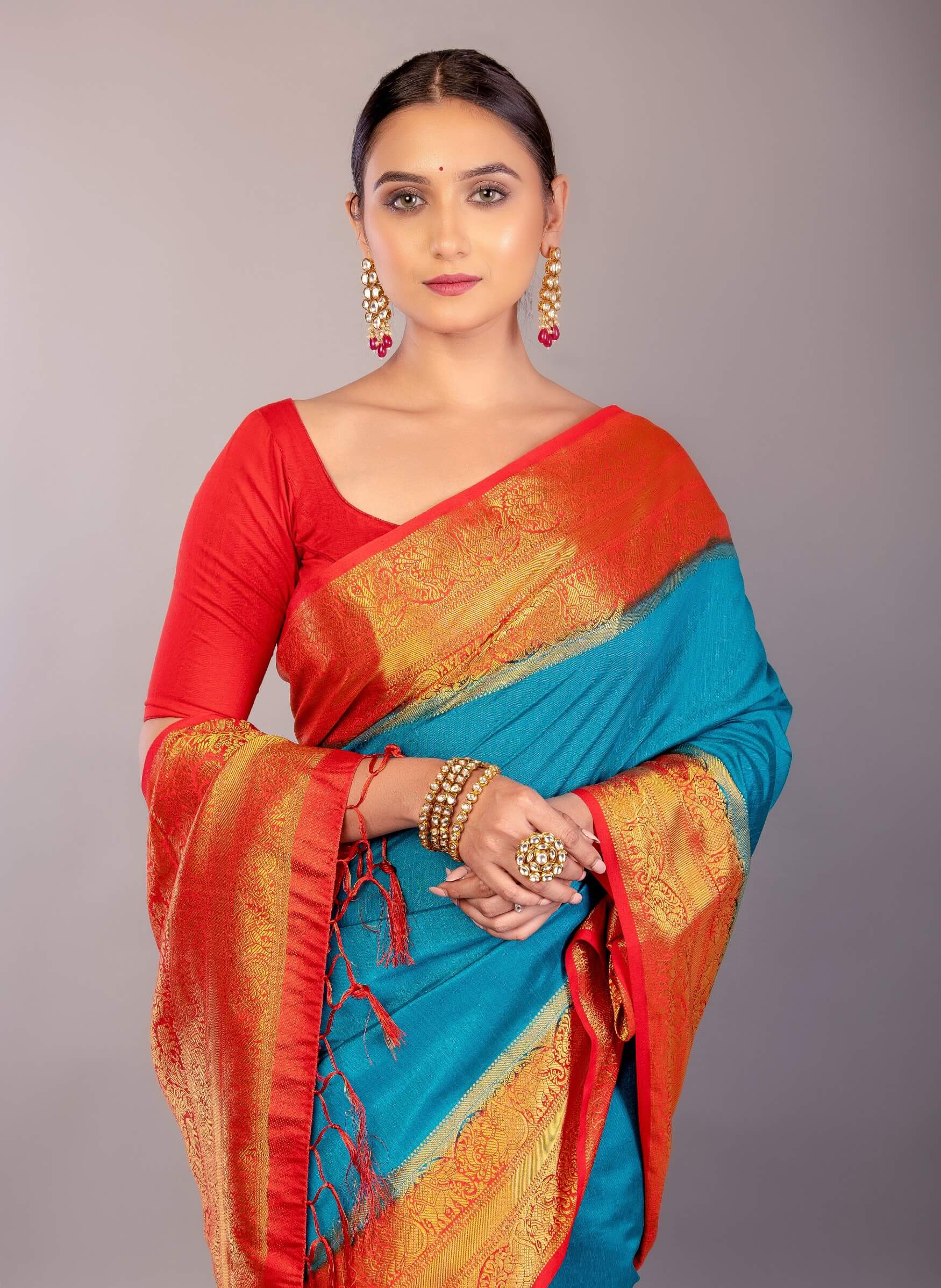 Bright Blue South Indian Silk Saree with Contrasting Orange Border and Pallu - Anvi Couture