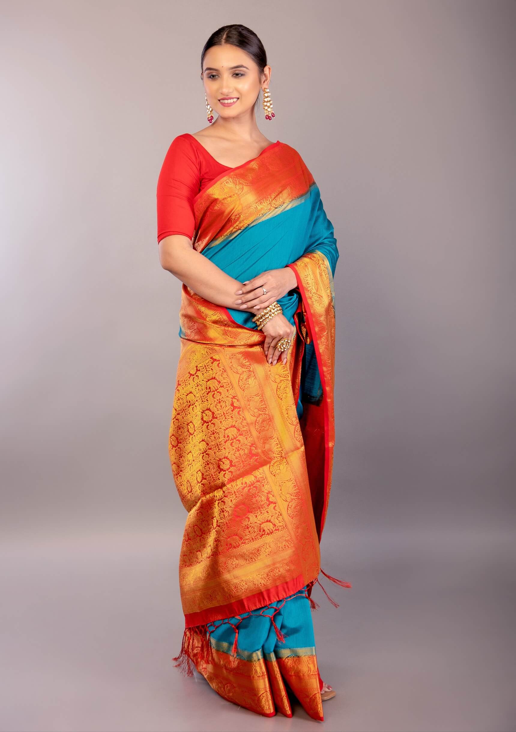 Bright Blue South Indian Silk Saree with Contrasting Orange Border and Pallu - Anvi Couture