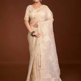 Off - White Printed Organza Saree with Embroidery Work and Lace Trim - Anvi Couture
