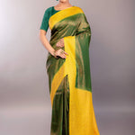 Dark Green South Indian Silk Saree with Contrasting Yellow Border and Pallu - Anvi Couture