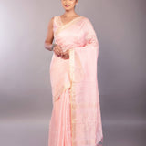Baby Pink Silk Linen Saree with Contrasting Gold Zari Border - Anvi Couture