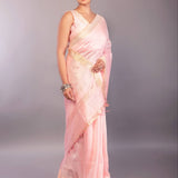 Baby Pink Silk Linen Saree with Contrasting Gold Zari Border - Anvi Couture