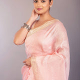 Baby Pink Silk Linen Saree with Contrasting Gold Zari Border - Anvi Couture