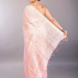 Baby Pink Silk Linen Saree with Contrasting Gold Zari Border - Anvi Couture