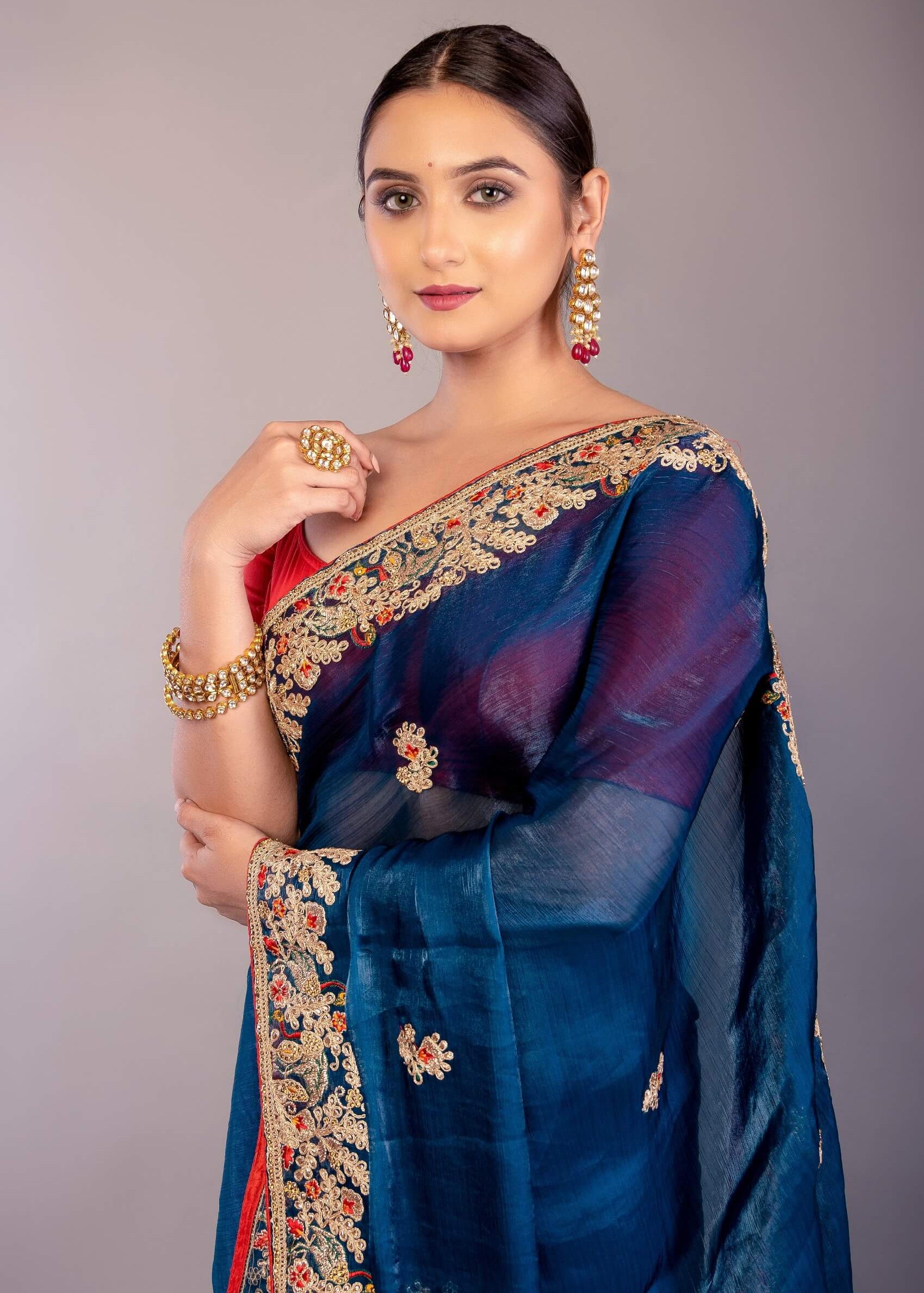 Dark Blue Jimmy Choo Saree with Multicolor Floral Hand Embroidery - Anvi Couture