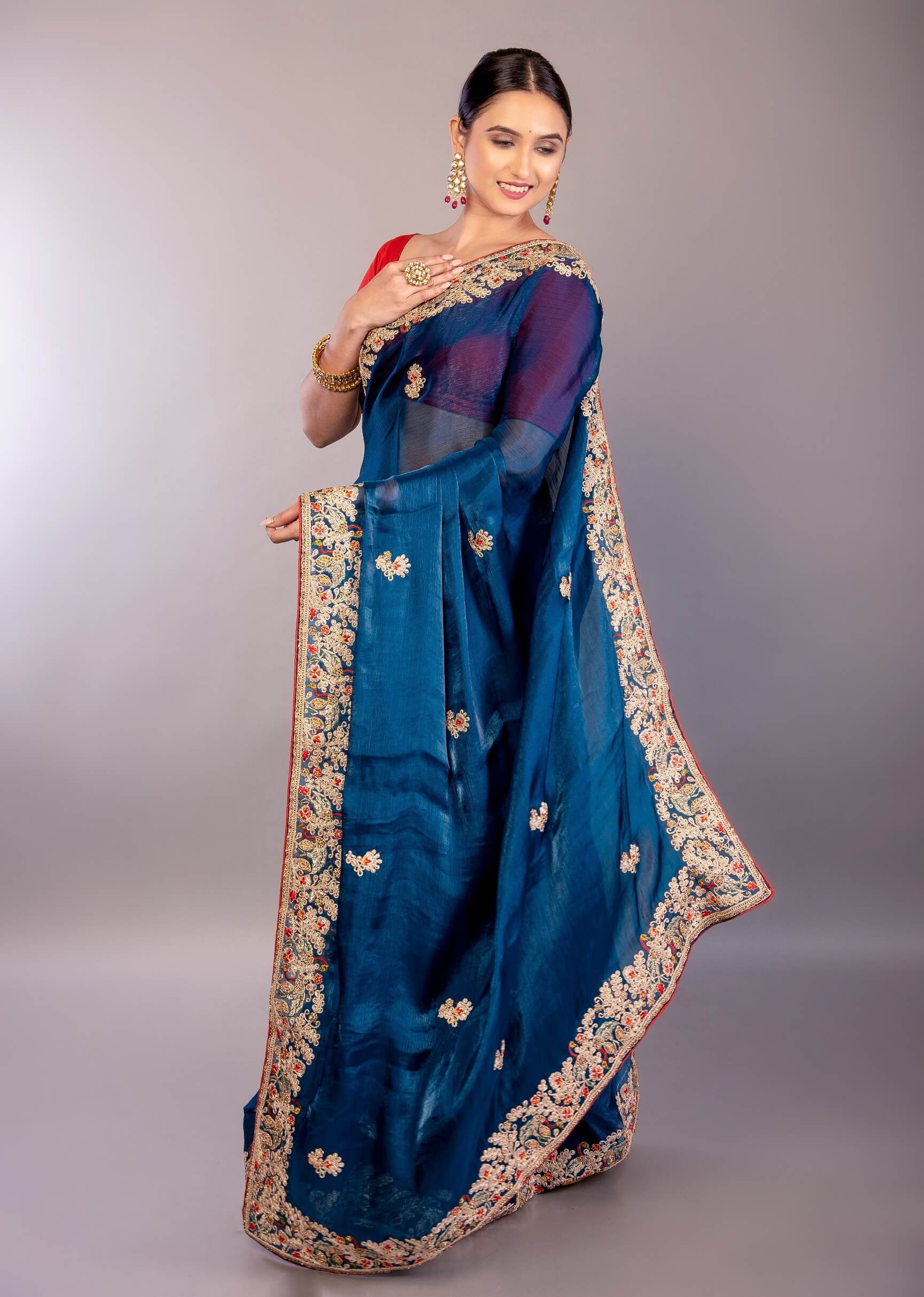 Dark Blue Jimmy Choo Saree with Multicolor Floral Hand Embroidery - Anvi Couture