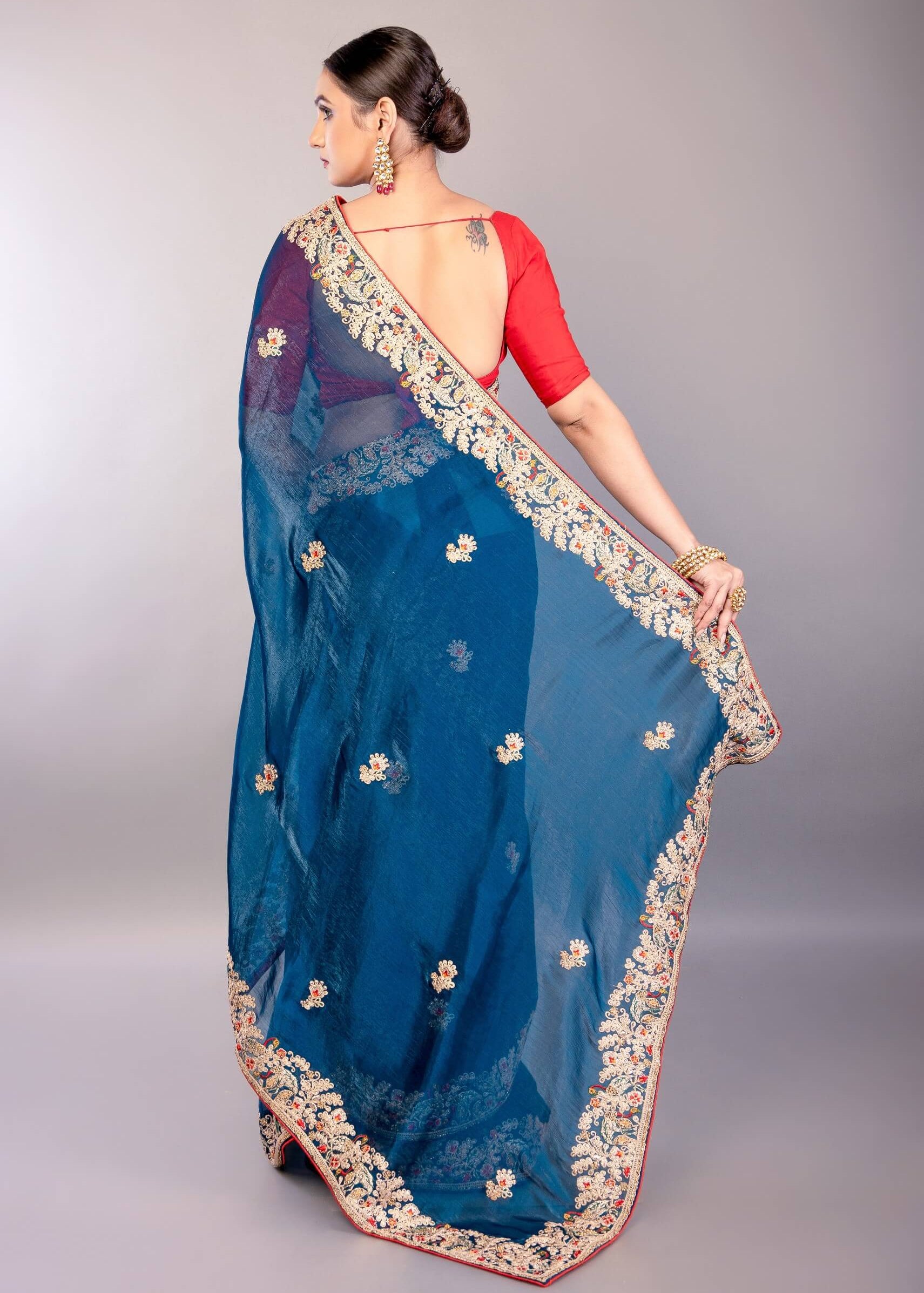 Dark Blue Jimmy Choo Saree with Multicolor Floral Hand Embroidery - Anvi Couture
