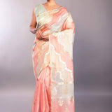 Pastel Organza Silk Saree with Pink and Blue Color Blocked Design - Anvi Couture