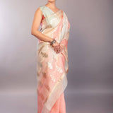 Pastel Organza Silk Saree with Pink and Blue Color Blocked Design - Anvi Couture