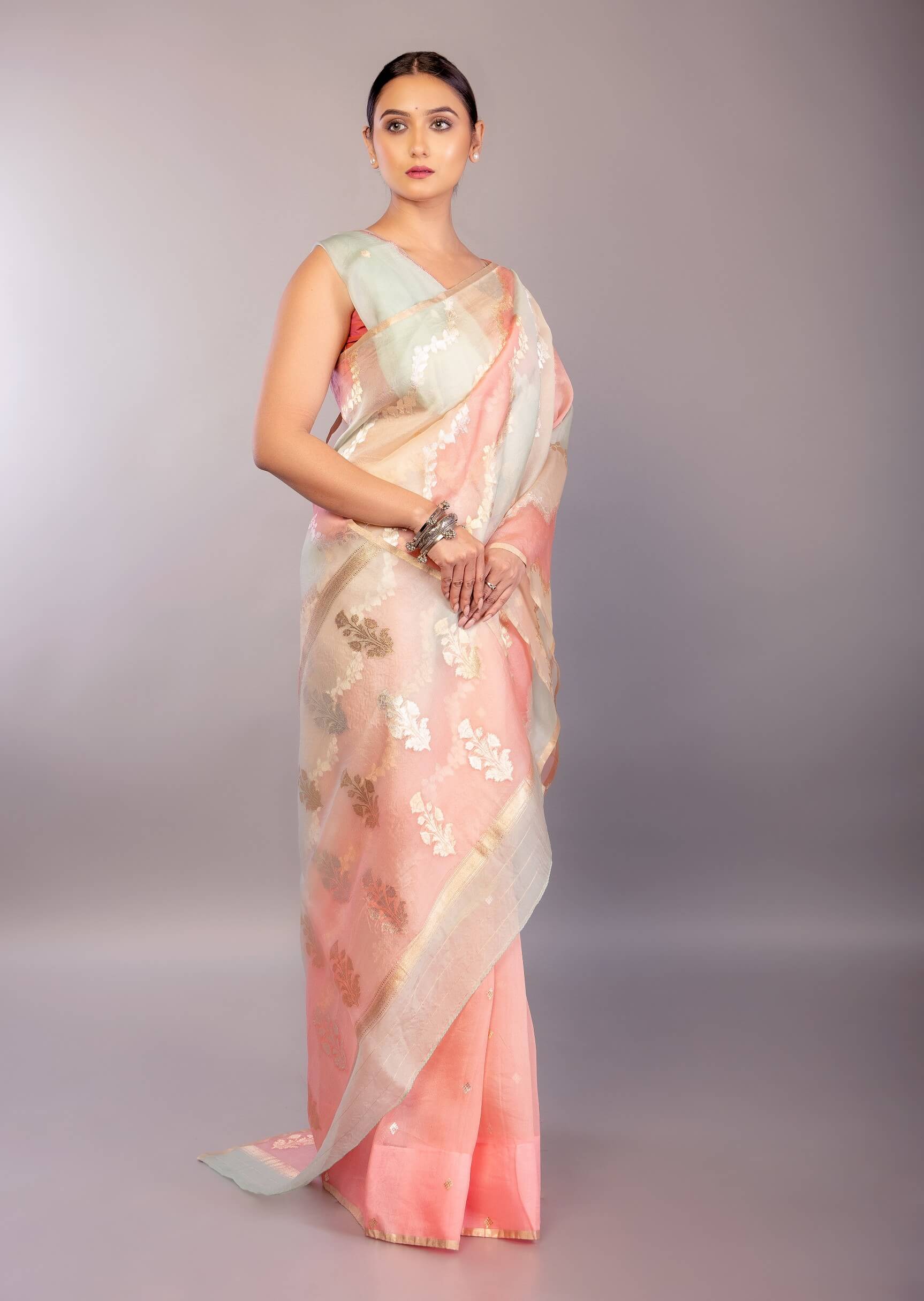 Pastel Organza Silk Saree with Pink and Blue Color Blocked Design - Anvi Couture