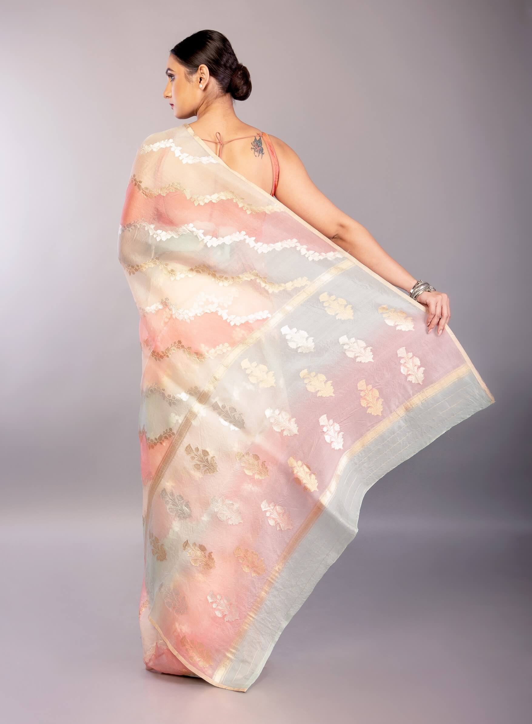 Pastel Organza Silk Saree with Pink and Blue Color Blocked Design - Anvi Couture