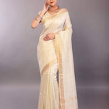 Pure White Silk Linen Saree with Self - Design Gold Zari Border - Anvi Couture