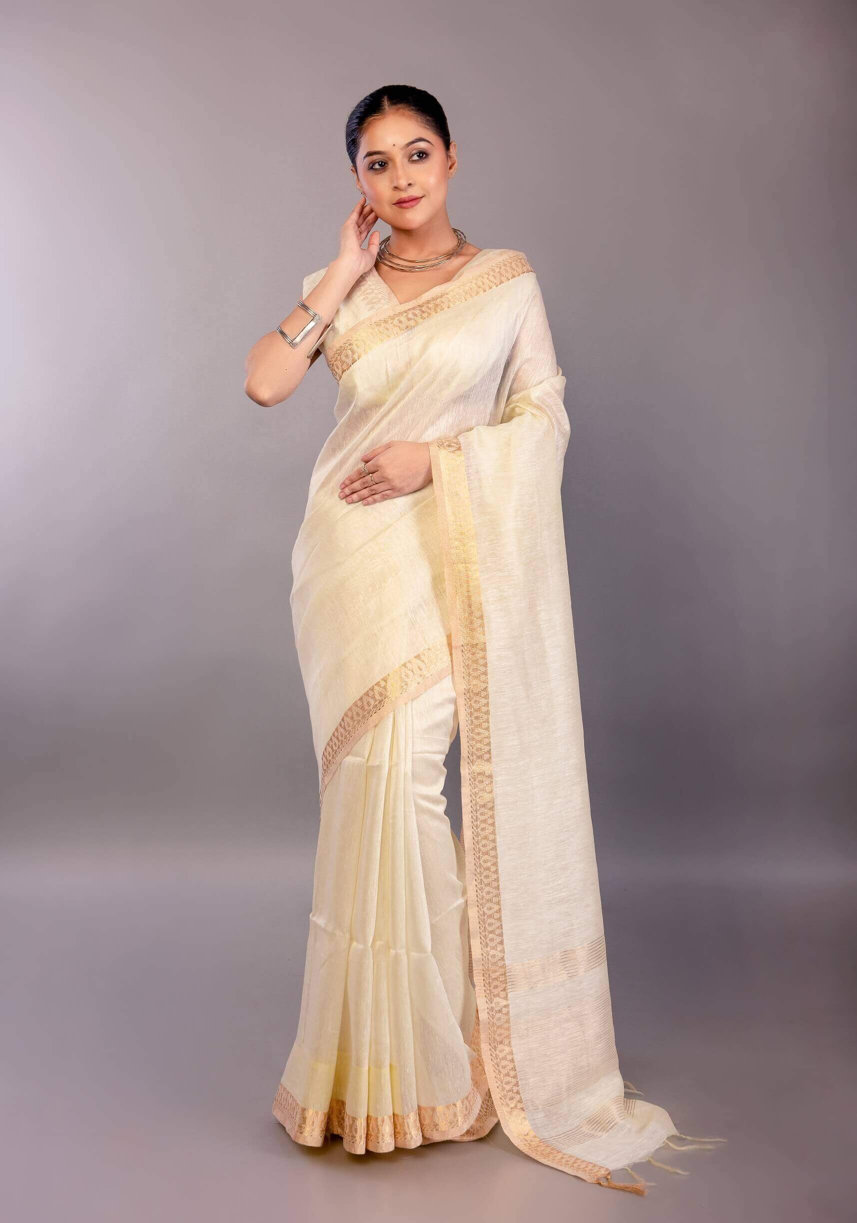 Pure White Silk Linen Saree with Self - Design Gold Zari Border - Anvi Couture