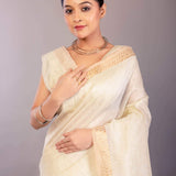 Pure White Silk Linen Saree with Self - Design Gold Zari Border - Anvi Couture
