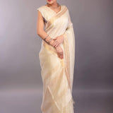 Pure White Silk Linen Saree with Self - Design Gold Zari Border - Anvi Couture