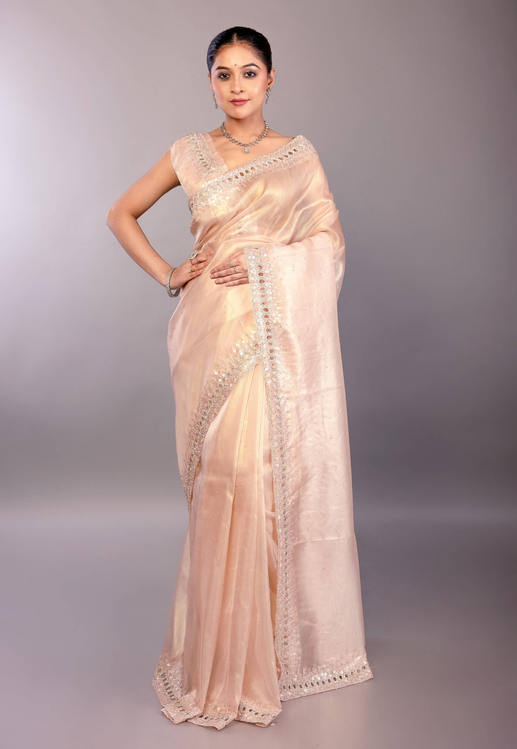 Light Pink Jimmy Choo Saree with Sequin Embellished Border - Anvi Couture
