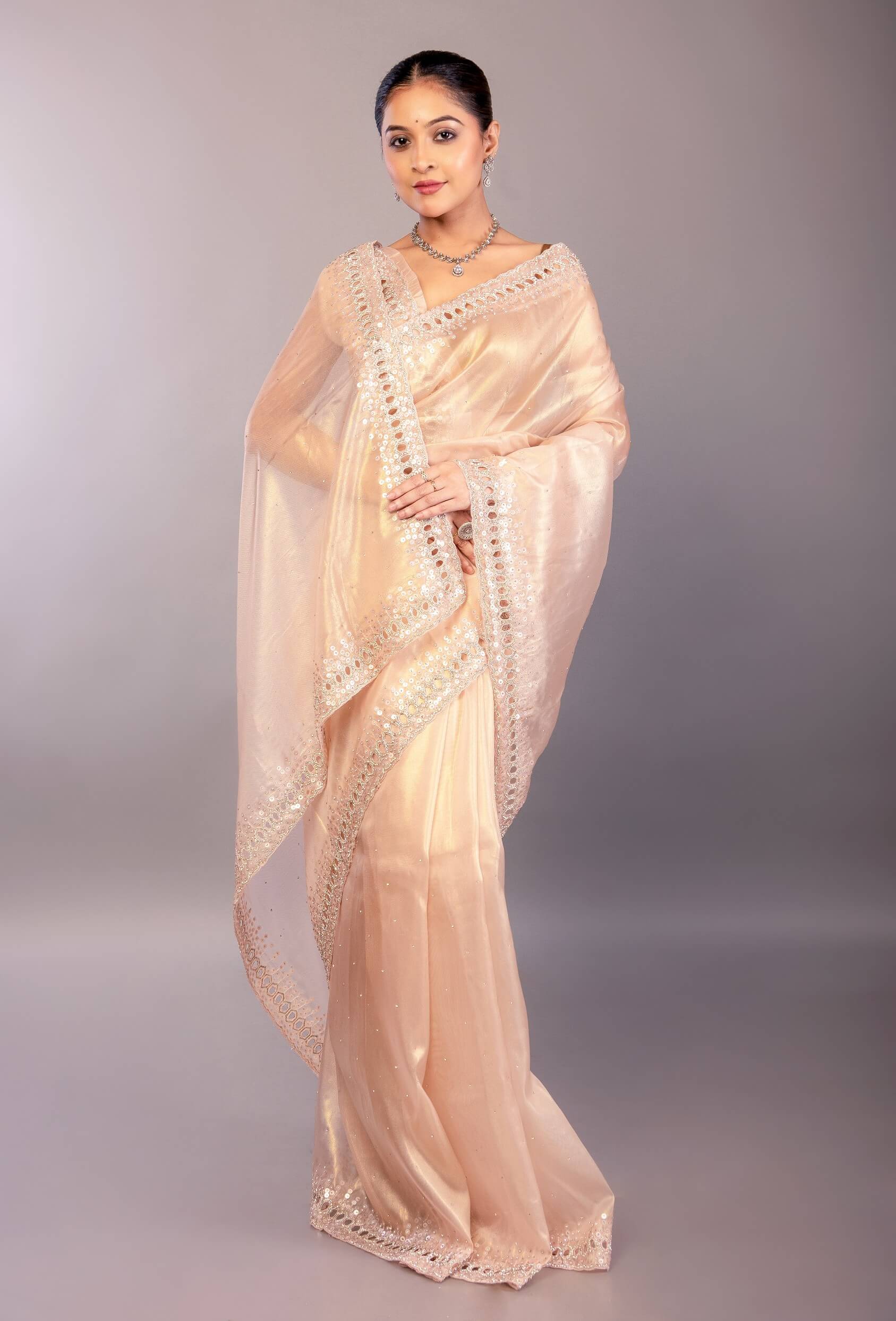 Light Pink Jimmy Choo Saree with Sequin Embellished Border - Anvi Couture